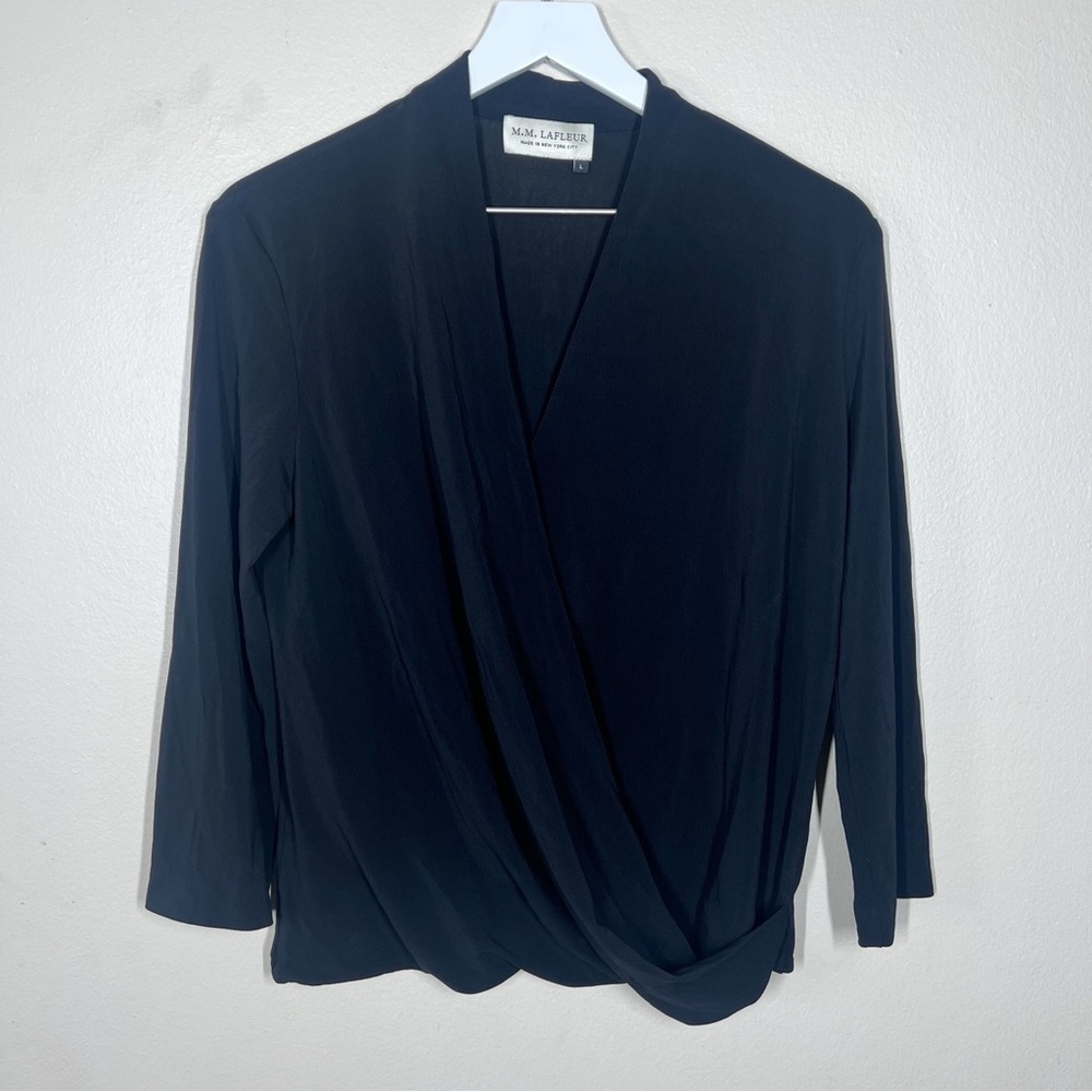 M.M. LaFleur Womens The Deneuve Faux Wrap Top in Black 3/4 Sleeve Size Large